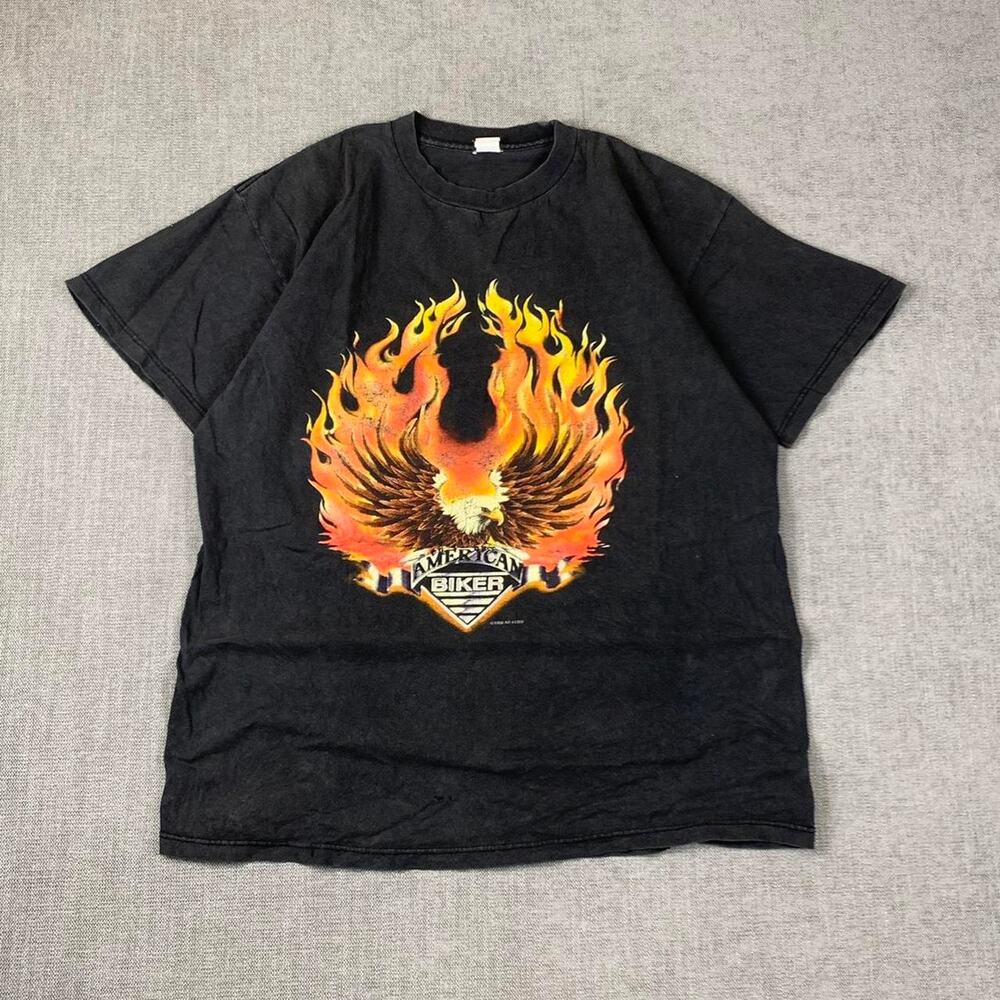 Vintage 90s American Biker Flame Eagle Faded black t-shirt